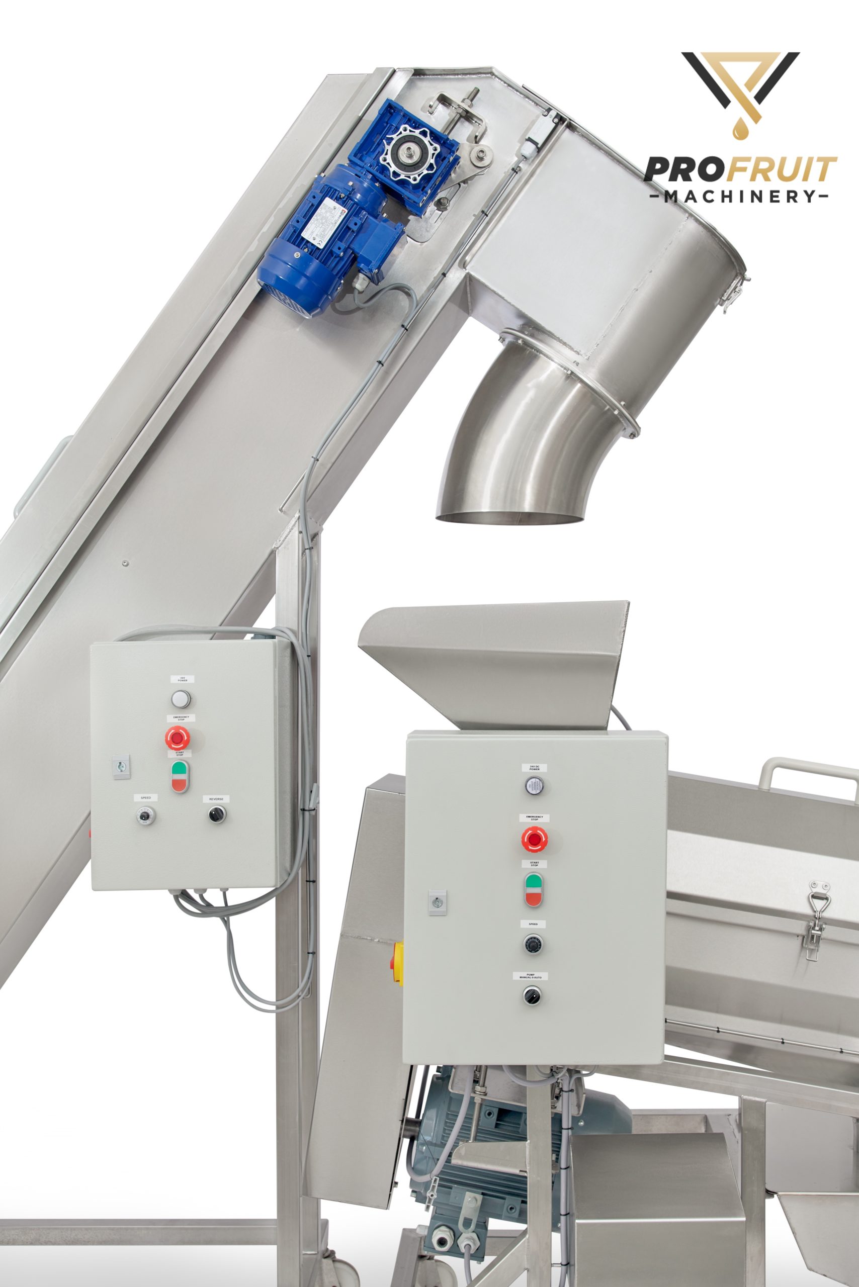 Fruit washer elevator together with destoning machine | ProFruit Machinery